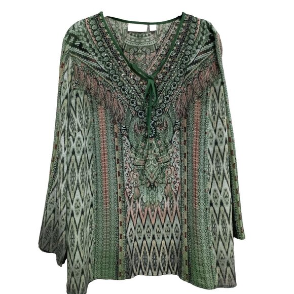Belle By Kim Gravel Top Womens Size 1X Green BOHO Artsy Embellished Flare Sleeve - Picture 1 of 8